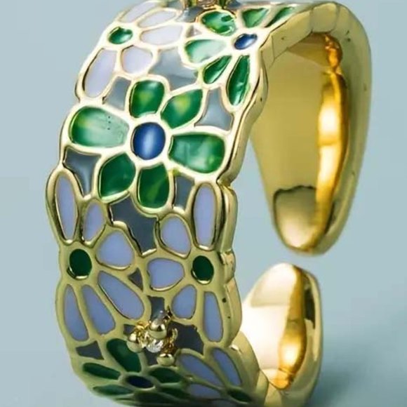 #2 GREEN & PALE LILAC ENAMEL GOLD CLAD BAND RING 46 - Picture 1 of 2